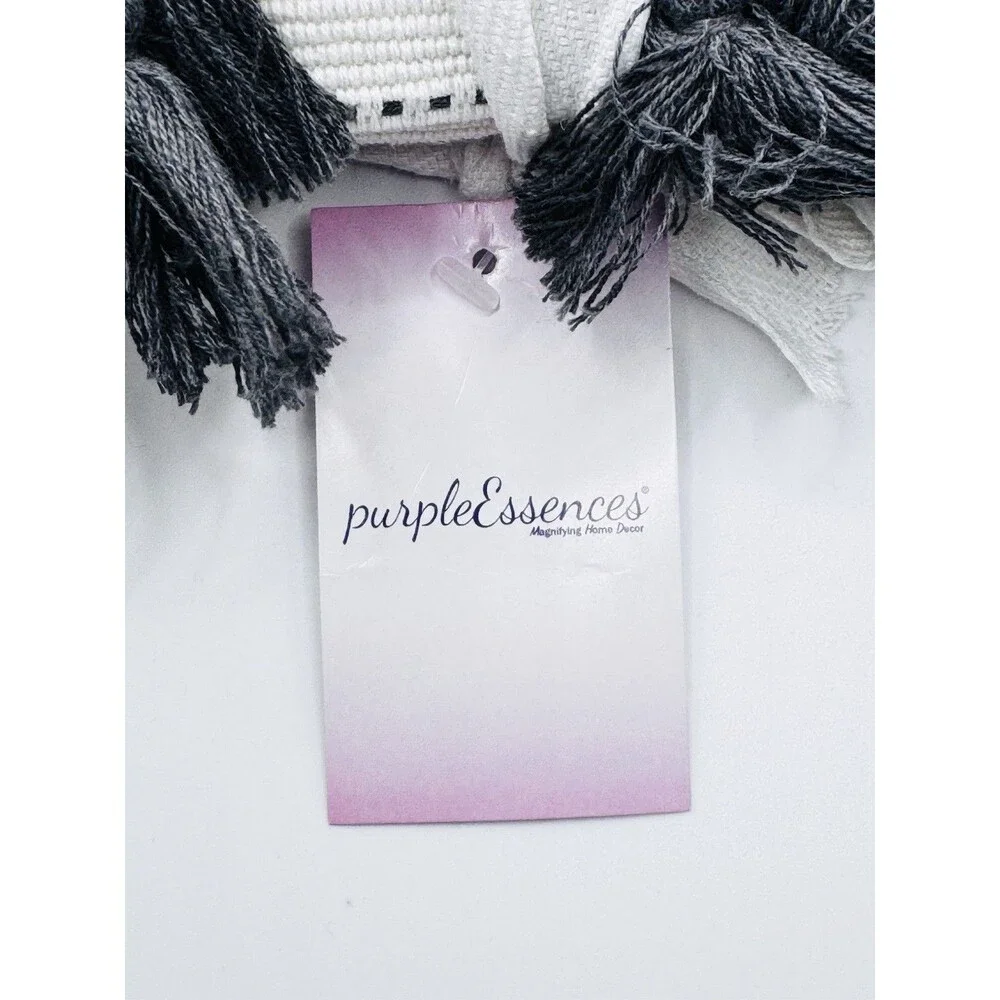 PurpleEssences Cotton Table Runner 14x72 White Gray Stripe Tassels Farmhouse NEW